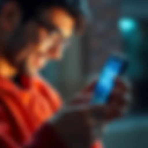 A person looking at a smartphone displaying XRP cryptocurrency, with excitement and curiosity on their face, representing their first purchase of XRP.