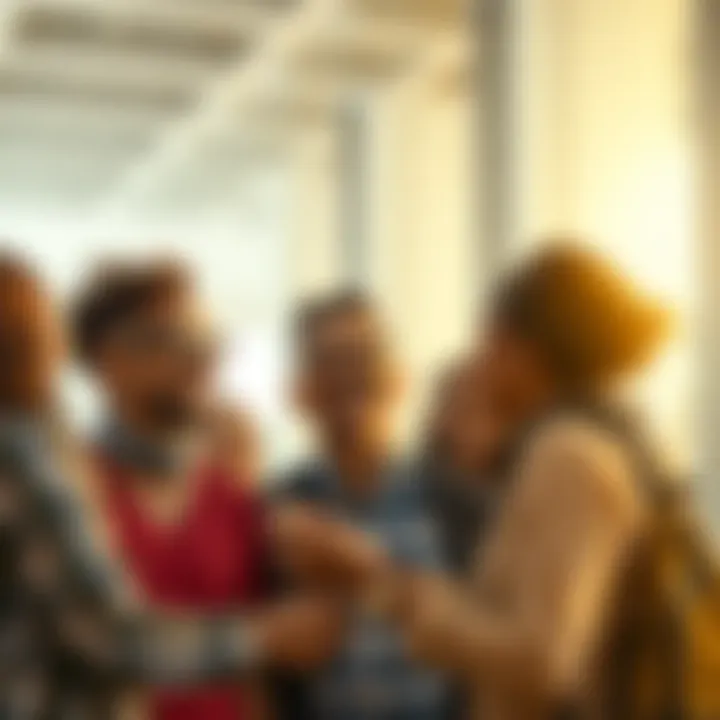 A group of diverse people smiling and sharing ideas in a bright, open space, symbolizing new beginnings and collaboration.