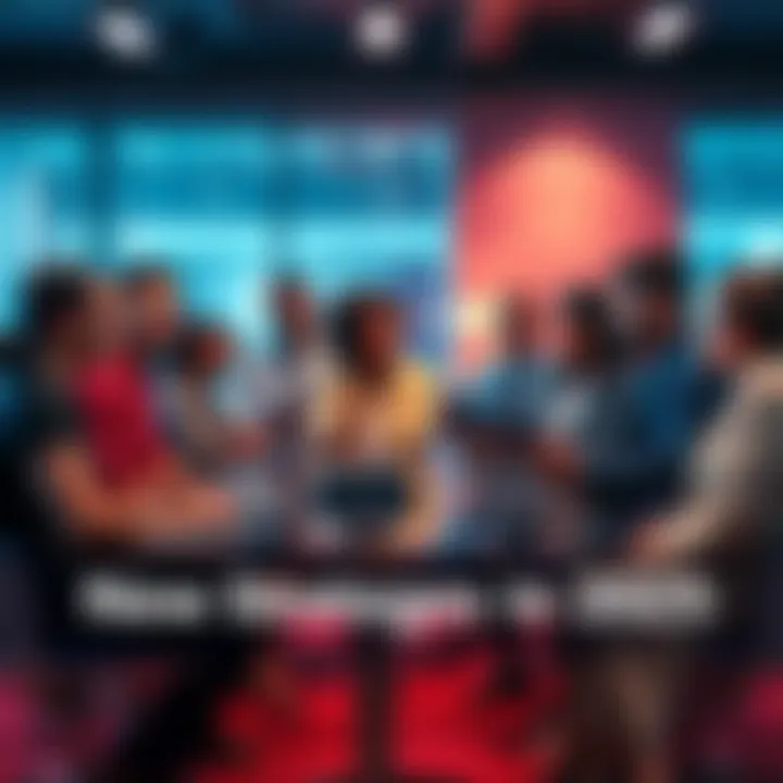 A group of diverse professionals brainstorming innovative strategies in a modern office setting.