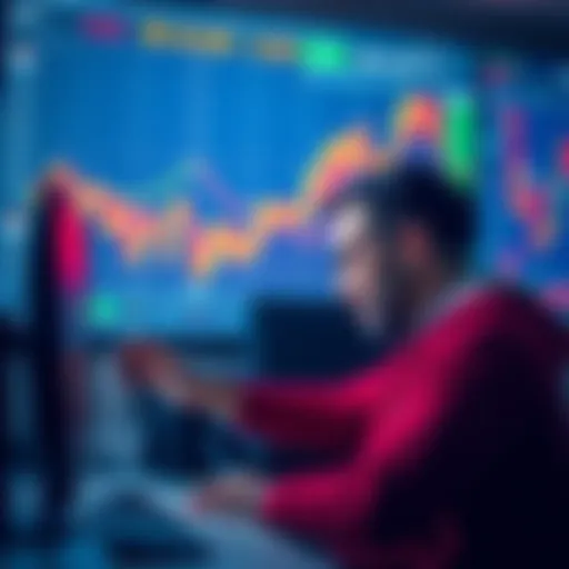 A frustrated trader looking at a computer screen showing falling crypto prices and charts, symbolizing losses in crypto trading.