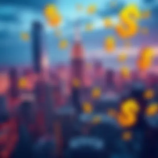 A graphic representation of New York City skyline with cryptocurrency symbols and dollar signs, showcasing potential financial impact from the new crypto tax.