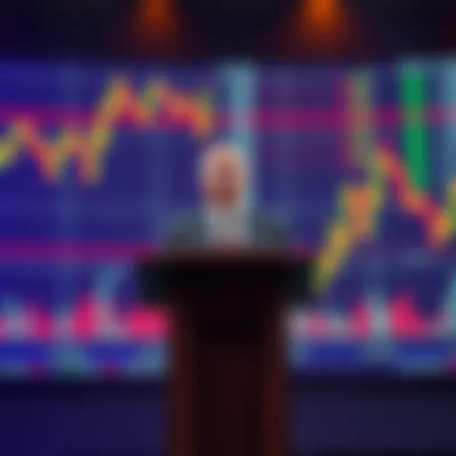 A New York lawmaker stands at a podium discussing a proposed tax on cryptocurrency sales and transfers, with financial charts in the background.