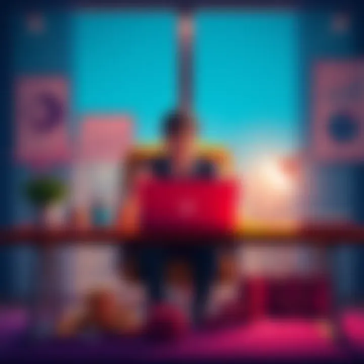 A person sitting at a desk with a laptop, exploring the XRP community, surrounded by crypto-related items like coins and charts.