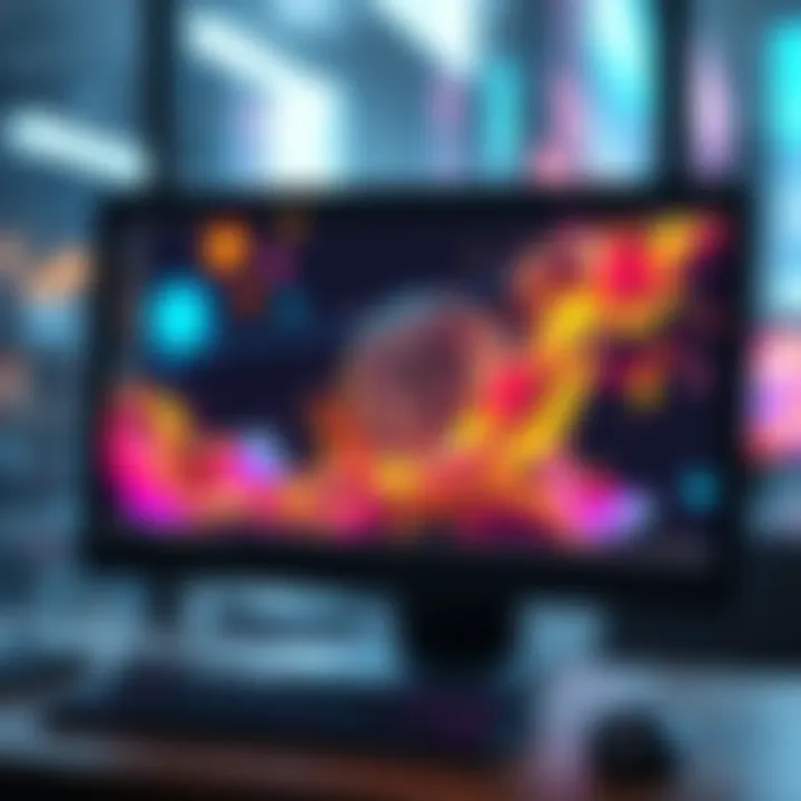 A vibrant digital artwork representing an NFT on a computer screen, showing colorful abstract designs and a graph indicating rising value.