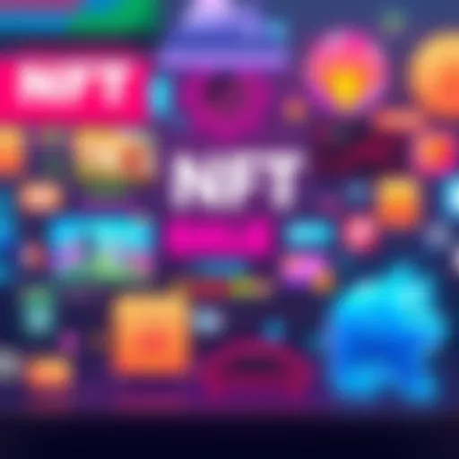 A colorful graphic displaying various NFT marketplaces and digital artwork, emphasizing visibility and engagement for NFTs.