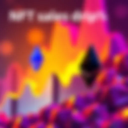 A graphic showing a downward trend in NFT sales with Polygon logo prominently featured alongside Ethereum logo