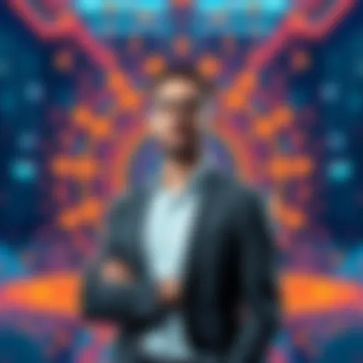 Nikolaos Bougalis, new CTO of Algorand Foundation, stands confidently with a backdrop of technology symbols, representing blockchain and Web3 innovation.