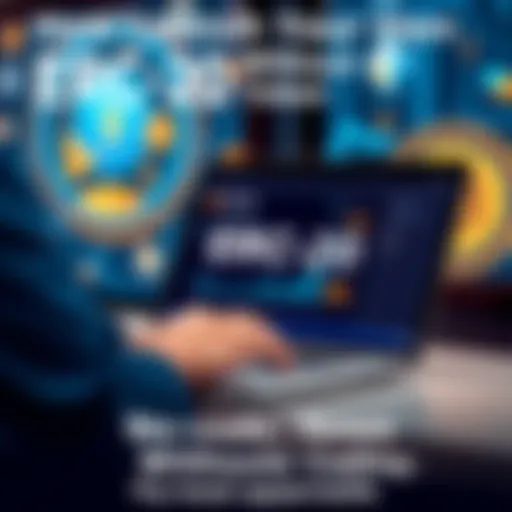 A person using a laptop to create an ERC-20 token on a no-code platform, with graphics of digital tokens in the background.