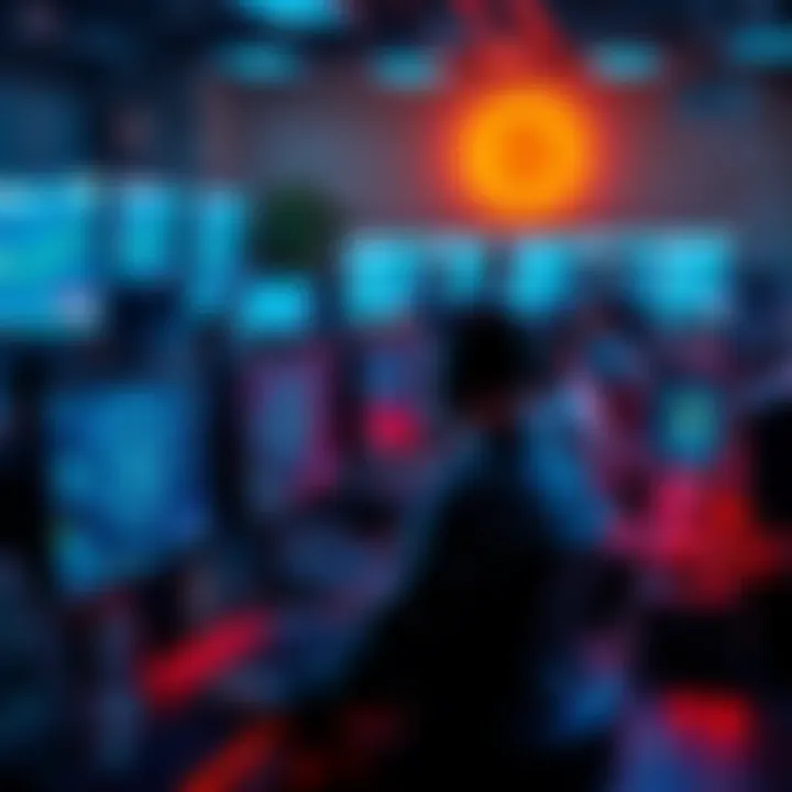 Group of miners working on computers with digital assets displayed on screens