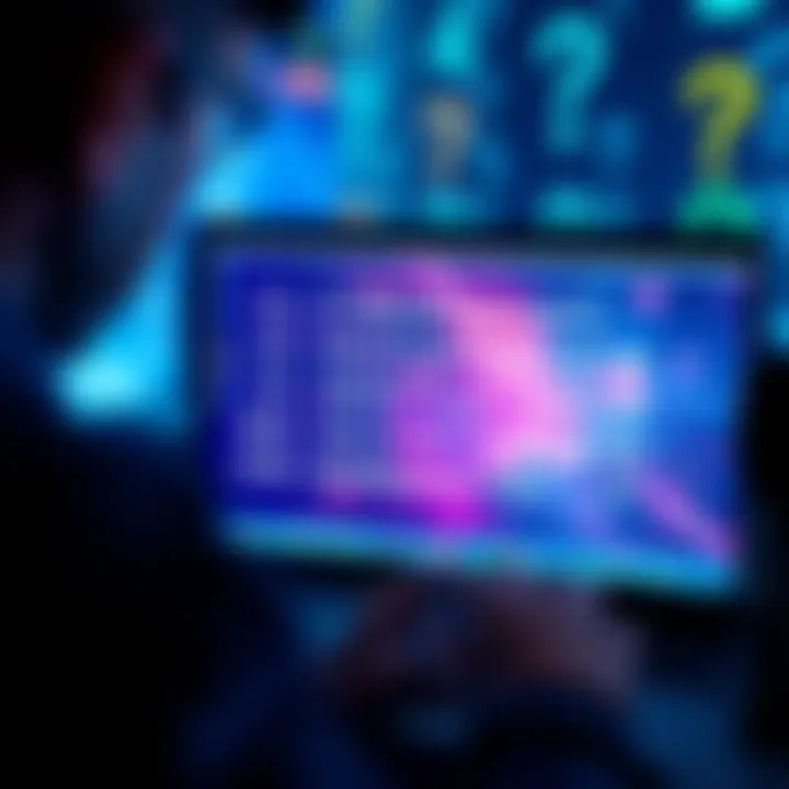 A person looking at a computer screen with a twelve-word seed phrase on it, surrounded by question marks.