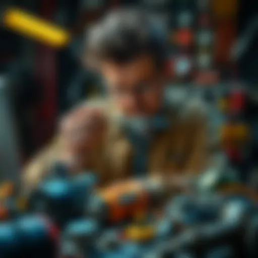 A person examining a vintage tool while surrounded by modern technology, symbolizing the blend of old and new methods