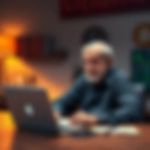 An 80-year-old man sitting at a table, contemplating investing in Bitcoin, with a laptop and charts in front of him.