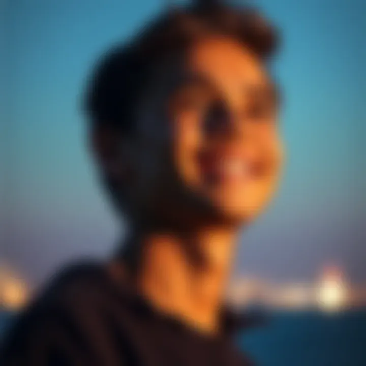 A young man smiling, gazing towards a bright horizon filled with light, symbolizing hope and positivity for the future.