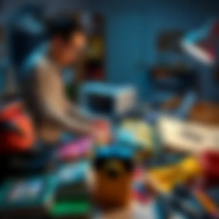 A person sorting through unwanted items on a table, deciding whether to donate or recycle them.