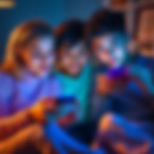A family using smartphones together, showing parents engaging with their children's online accounts.