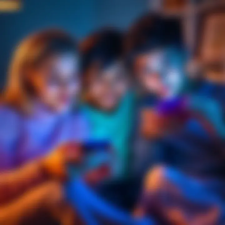 A family using smartphones together, showing parents engaging with their children's online accounts.