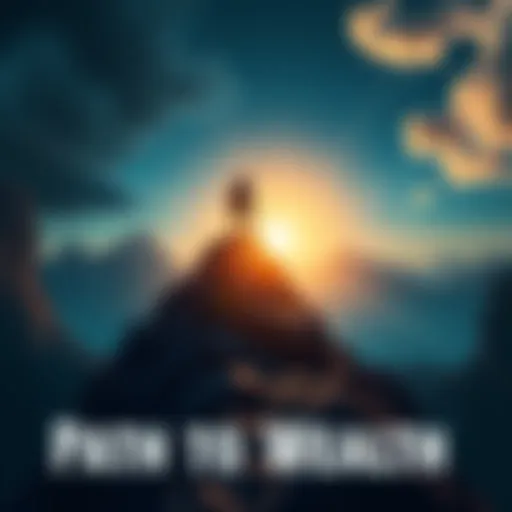 A person climbing a steep mountain path towards a bright future, symbolizing the struggles and determination to achieve financial success.
