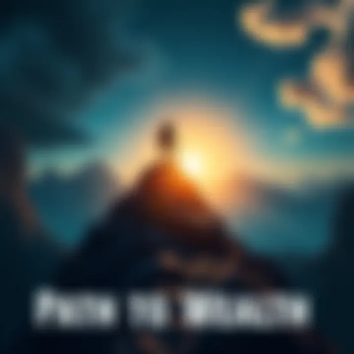 A person climbing a steep mountain path towards a bright future, symbolizing the struggles and determination to achieve financial success.