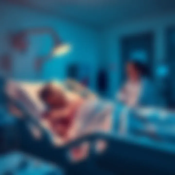 A patient lying in a hospital bed with medical equipment nearby, showing a concerned doctor discussing treatment options with a family member.