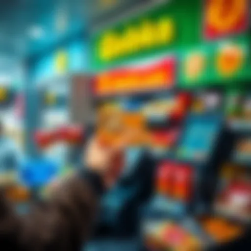 A person using a Bitcoin gift card to pay at a Żabka convenience store register, surrounded by food items and snacks.