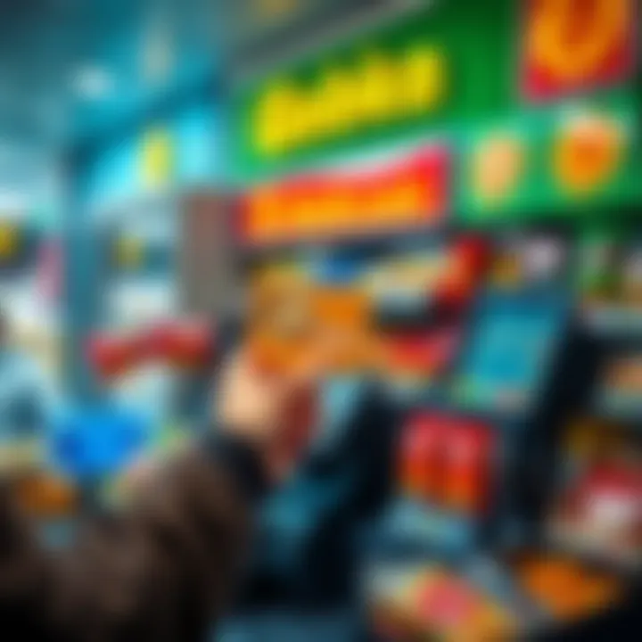 A person using a Bitcoin gift card to pay at a Żabka convenience store register, surrounded by food items and snacks.