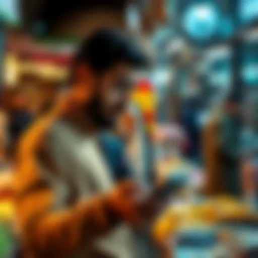 A person making a contactless payment in a market in Iran, showcasing modern payment technology in a challenging environment