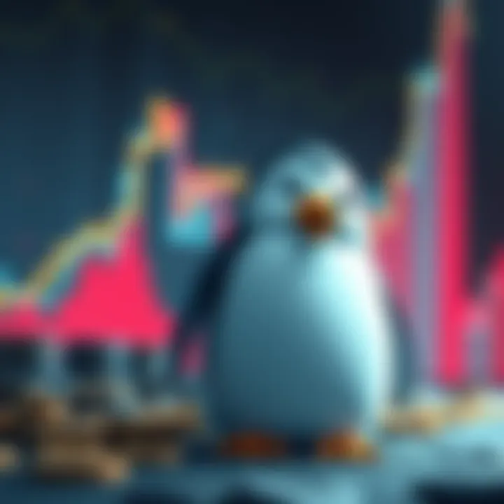 A cartoon penguin standing next to rising cryptocurrency charts, looking curious and playful, with coins scattered around.