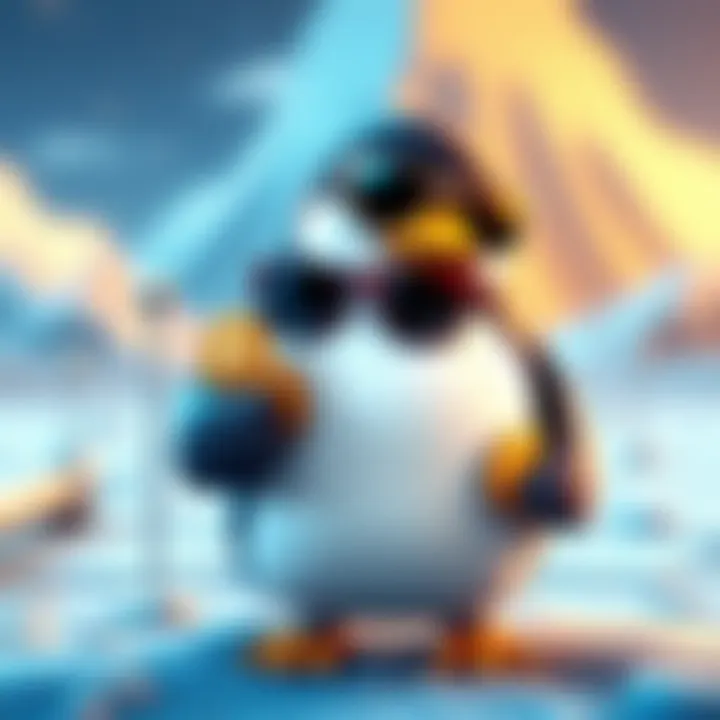 A cartoon penguin wearing sunglasses, holding coins, representing the surge of PENGU Coin in the cryptocurrency market