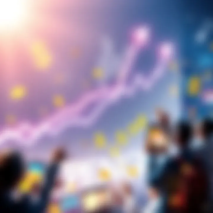 A graph showing the upward trend of PENGU alongside dollar signs and excited investors observing the changes.