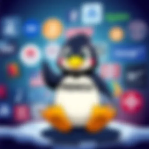 Illustration showing a cartoon penguin representing $PENGU memecoin with logos of major brands in the background