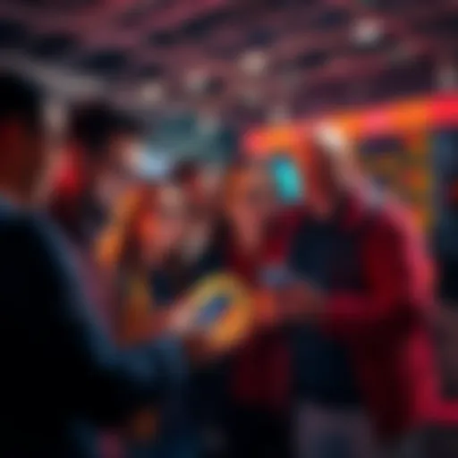 Group of people discussing and smiling while looking at Bitcoin prices on their devices