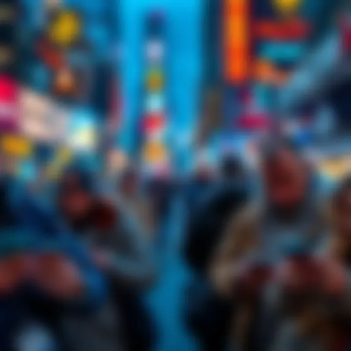 A group of people making Bitcoin purchases on their mobile devices in a bustling city environment.