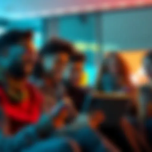 A group of diverse people chatting online, showing expressions of excitement while using slang terms on their devices.