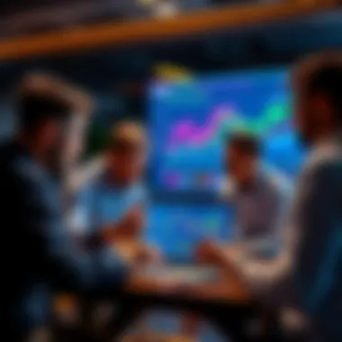 A group of people discussing and comparing different cryptocurrency platforms on a laptop, with charts and data on the screen