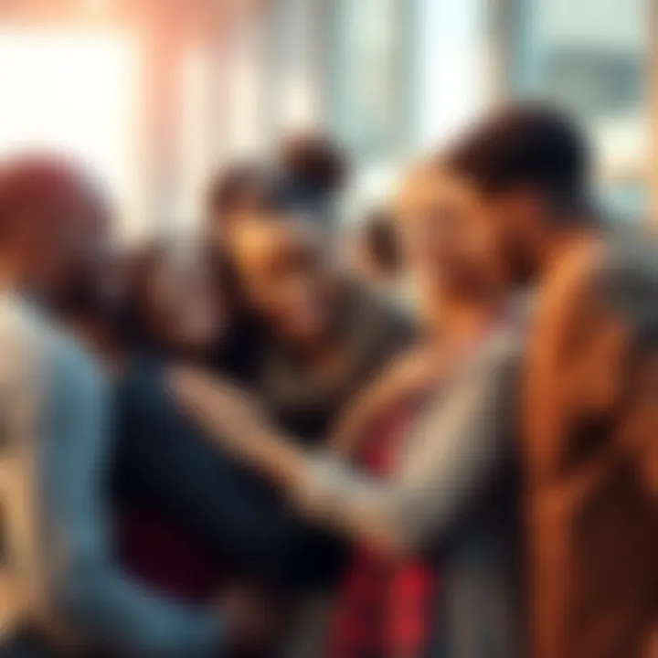 A diverse group of people sharing a warm moment together, emphasizing emotional support and connection.