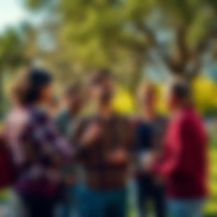 A group of diverse people engaged in a discussion about their beliefs and perceptions in a sunny park.