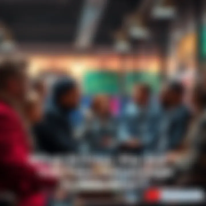 People discussing investment strategies Group of people sharing their experiences about buying price dips in a financial setting