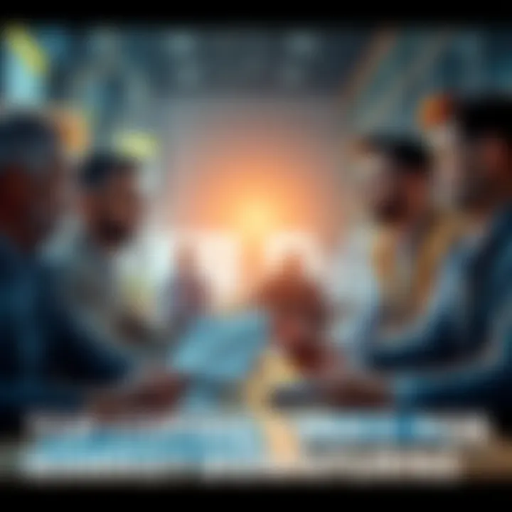 A group of people talking about their feelings during a market drop, showing a mix of concern and optimism, with charts and financial reports on the table.