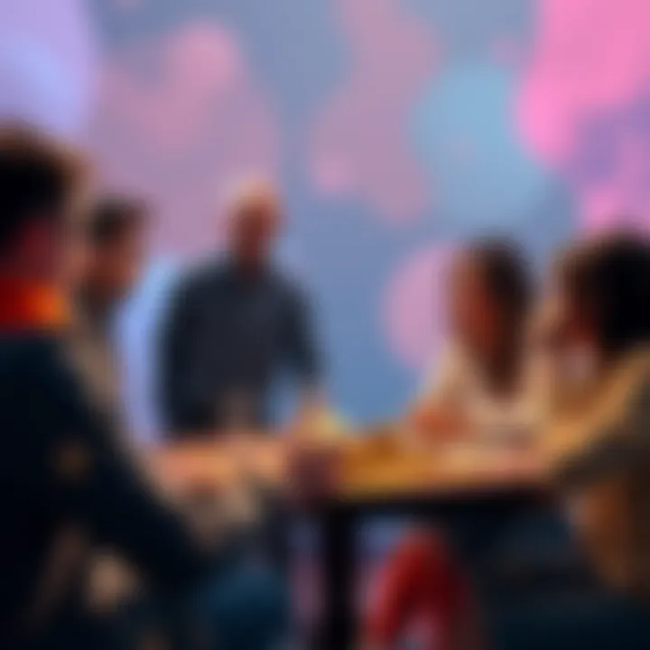 A group of people gathered around a table, discussing Solana ownership and staking amounts, with SOL coins visible on the table.