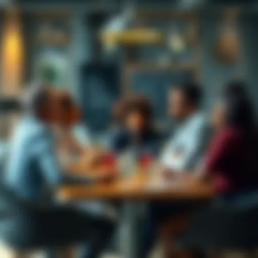 A group of diverse people sitting around a table, exchanging ideas and debating different opinions during a discussion.