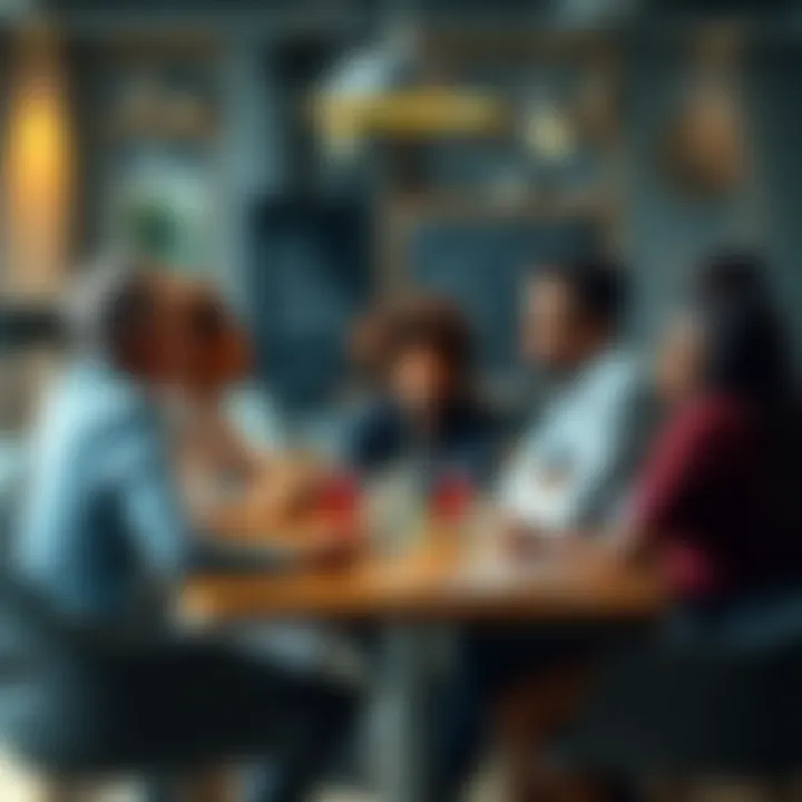 A group of diverse people sitting around a table, exchanging ideas and debating different opinions during a discussion.