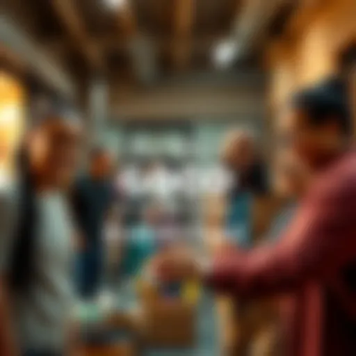 A group of diverse people helping each other with smiles, spreading kindness and positivity in a community setting