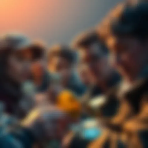 A group of people looking at XRP coins with thoughtful expressions, reflecting on their investments in a fluctuating market.