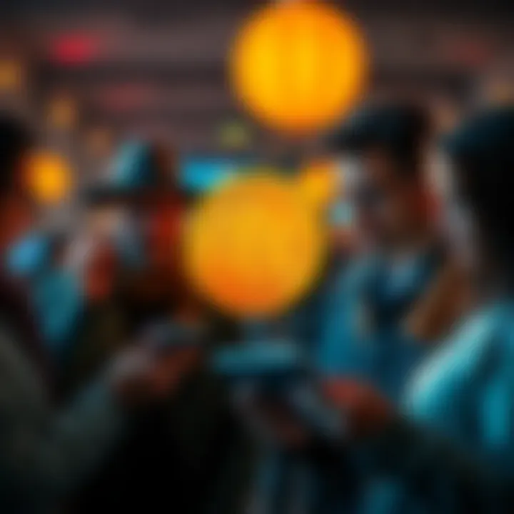 A group of individuals looking at Bitcoin charts on their devices, discussing market trends, with expressions of concern and curiosity.