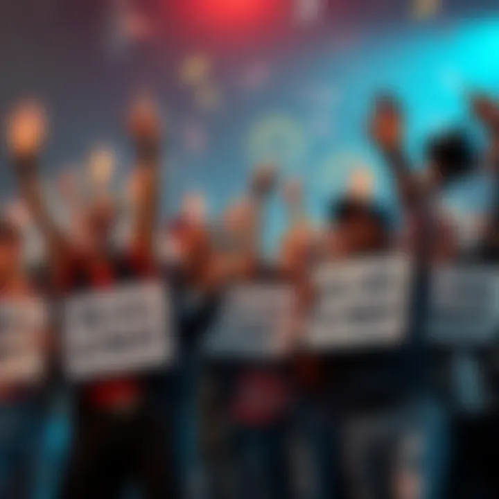 People Celebrating Together A group of excited people cheering and celebrating with smiles, holding signs that say 'We are so back!'