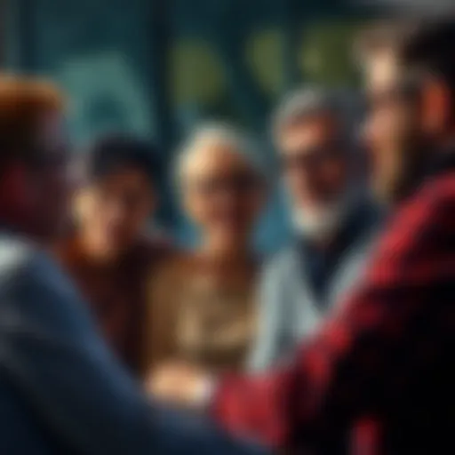 A group of people in a discussion, showing varied emotions and expressions while talking together.