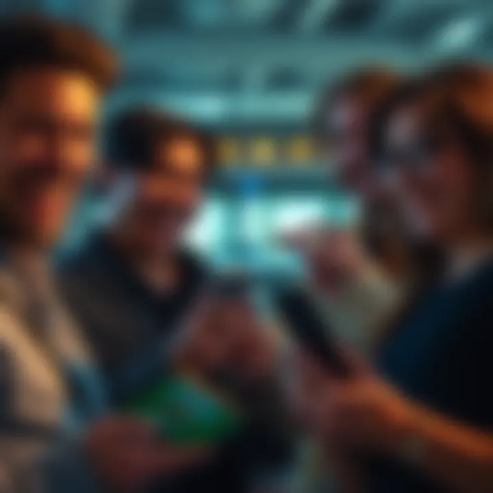 A group of people laughing while looking at funny memes on their phones