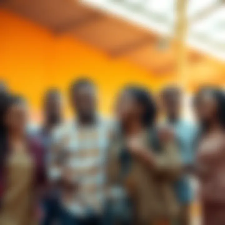 A group of diverse individuals working together, showing support and determination in a bright setting, symbolizing hope and resilience.
