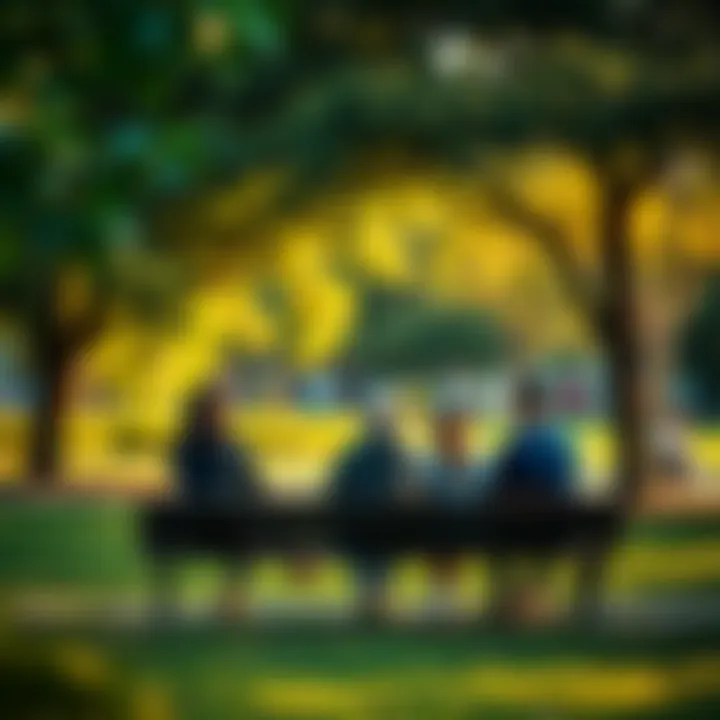 A group of people sitting on a park bench, talking about what it means to be authentic in modern life, surrounded by trees and nature.