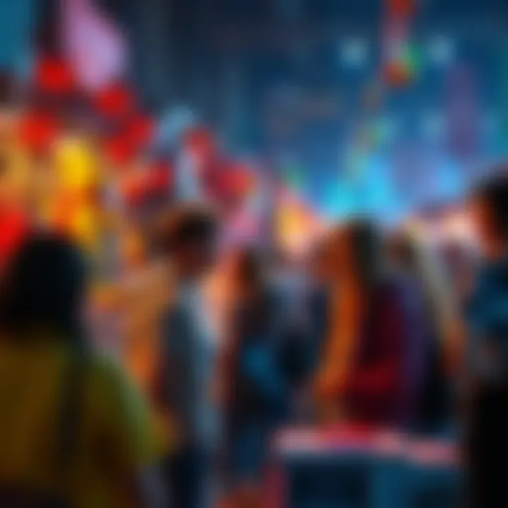 A group of people discussing and trading unique NFTs at a market event